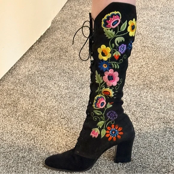 💫STUNNING RARE 60s 70s Enosis Greece Jerry Edouard Embroidered Black Gogo Boots - Picture 1 of 15